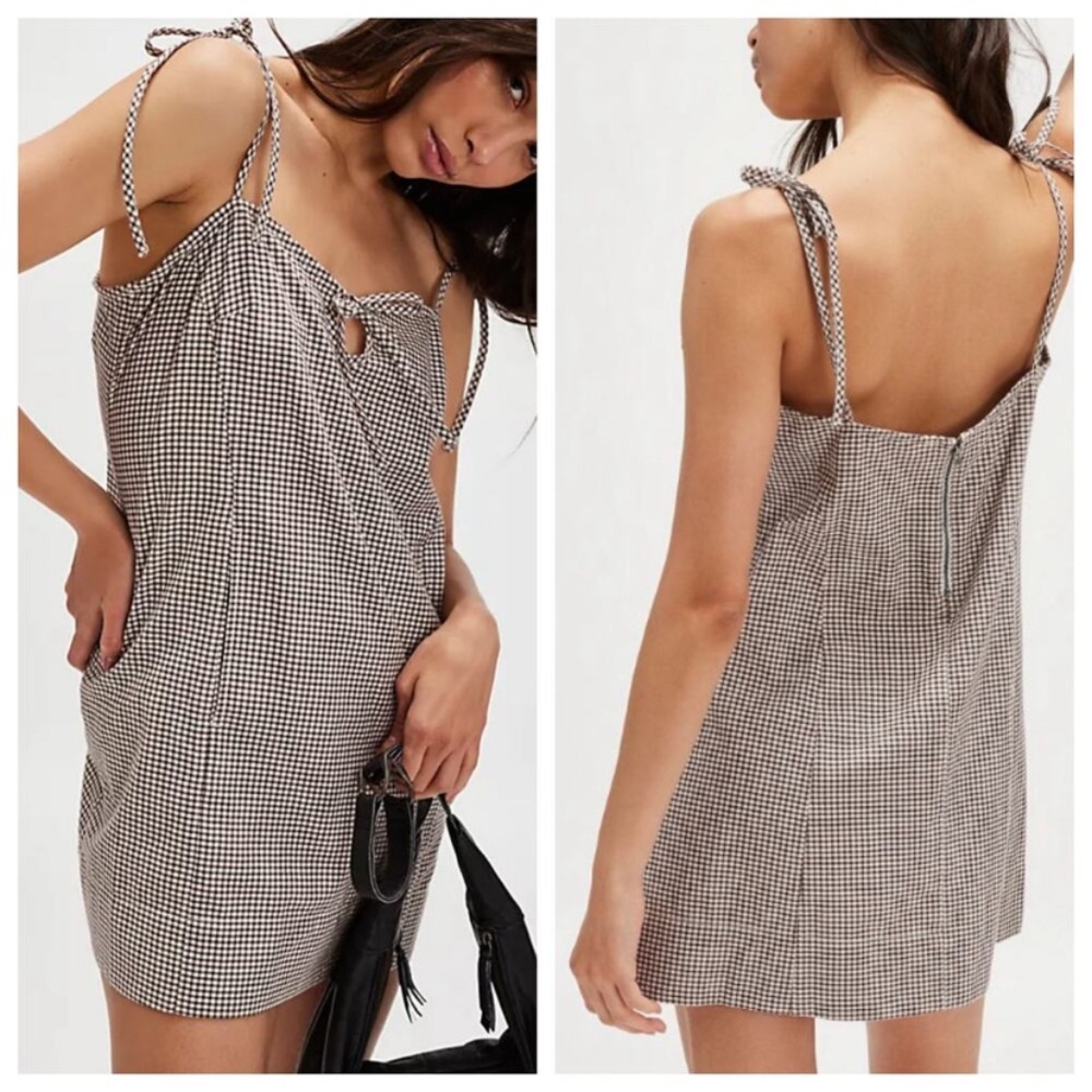 Free People Arlo Plaid Mini Dress Slouchy Sweetheart Neck  Medium Ivory Combo